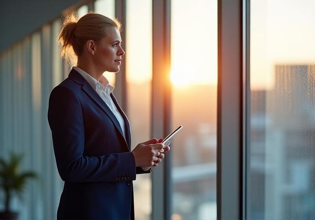 Executive holding a digital tablet in a modern office reflecting thought leadership