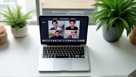 A clean remote workspace with a laptop showing a video conference grid