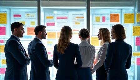 Business team collaborating over a shared strategic roadmap on a glass wall
